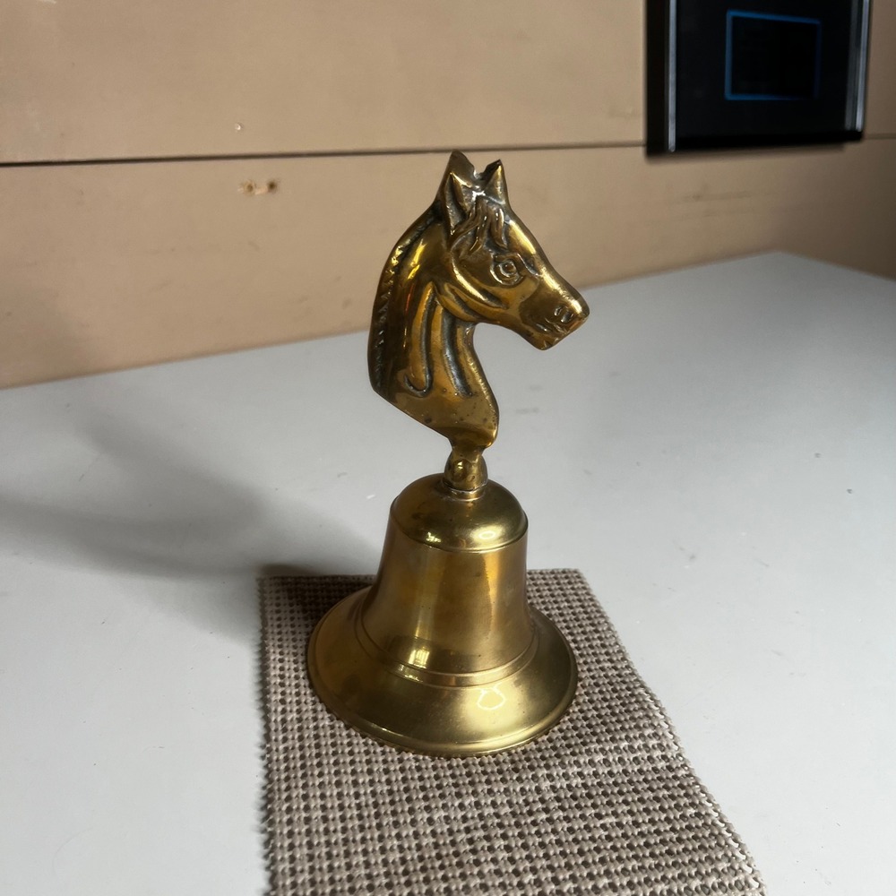 Vintage Brass Horse Head Hand Bell Equestrian Decorative Dinner Bell 7.5 Inch
